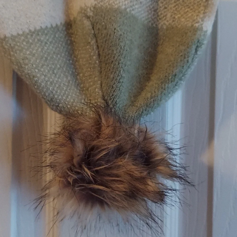 CHRISTIAN SIRIANO NEW YORK Cashmere Fur Plaid Beanie Avacado/Cream O/S BNWT SO